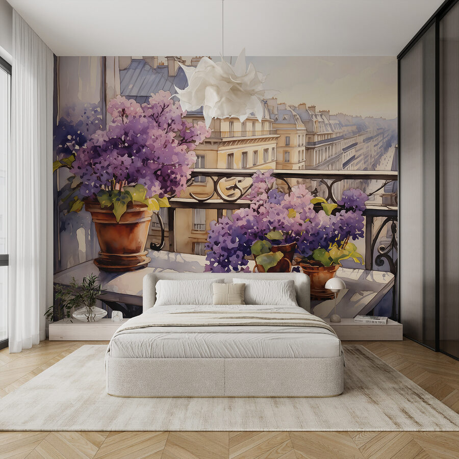 Pittura di un balcone con fiori viola Pittura di un balcone con fiori viola