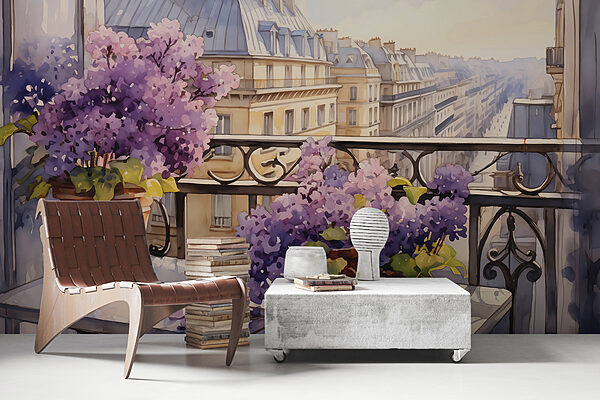 Pittura di un balcone con fiori viola Pittura di un balcone con fiori viola