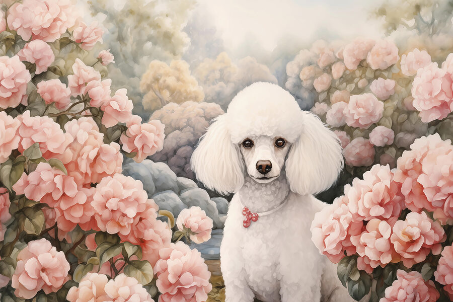 Cane bianco in un giardino di fiori rosa