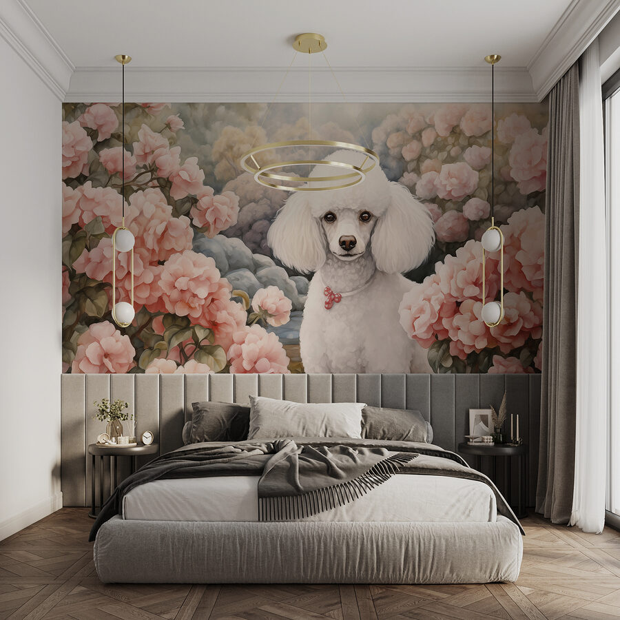 Cane bianco in un giardino di fiori rosa