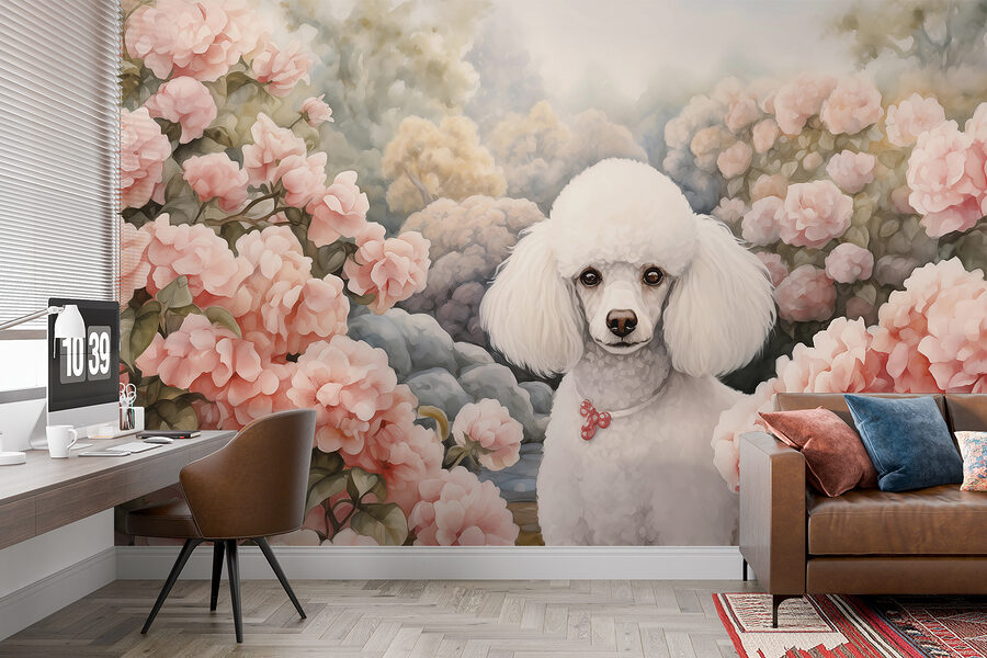 Cane bianco in un giardino di fiori rosa