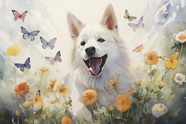 Cane bianco con farfalle intorno Cane bianco con farfalle intorno