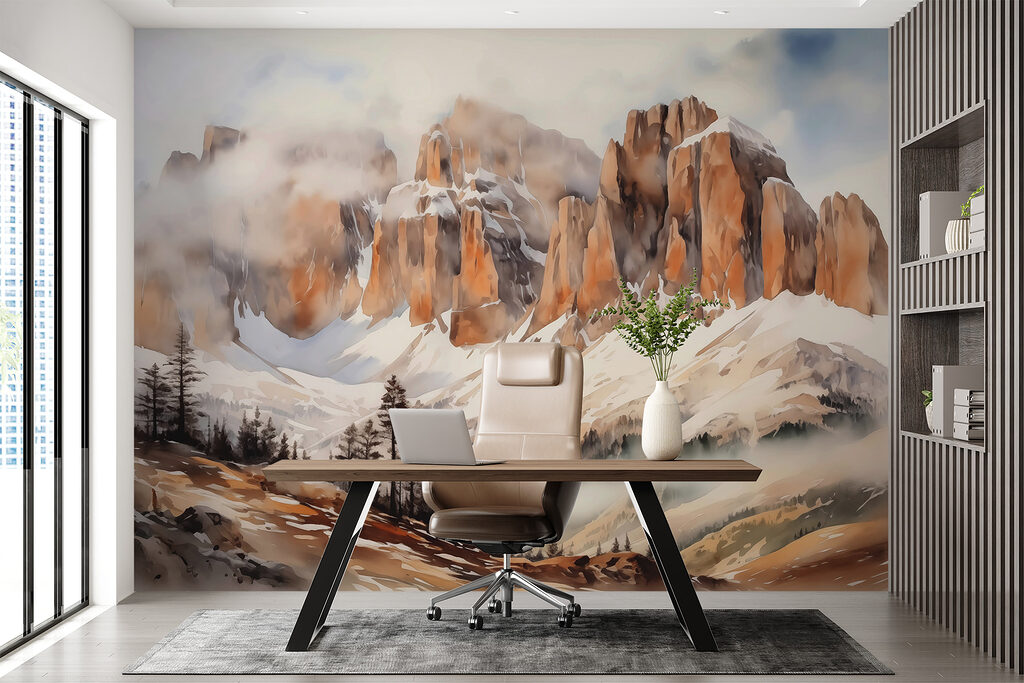 Mountain range with trees and clouds