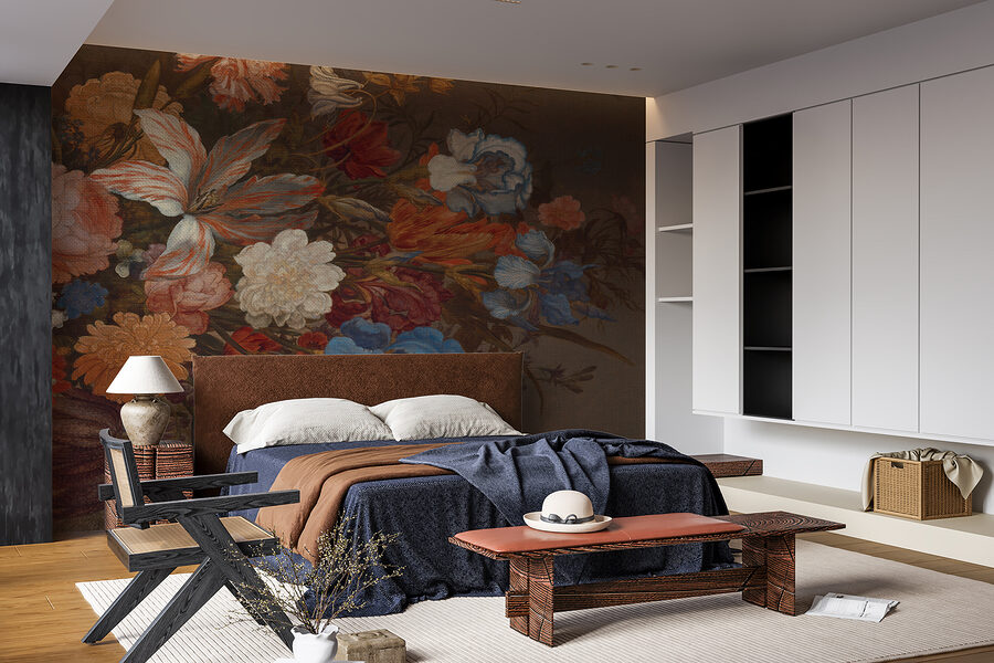 Carta da parati Pittura di fiori su una superficie marrone
