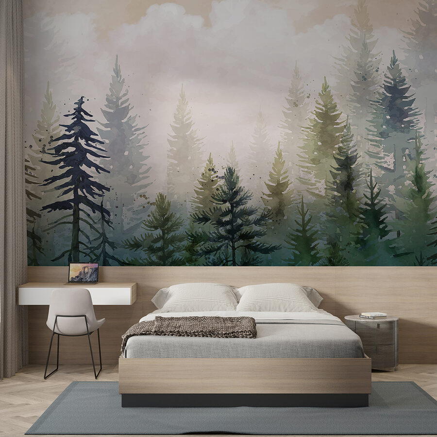 Pittura di alberi nella nebbia