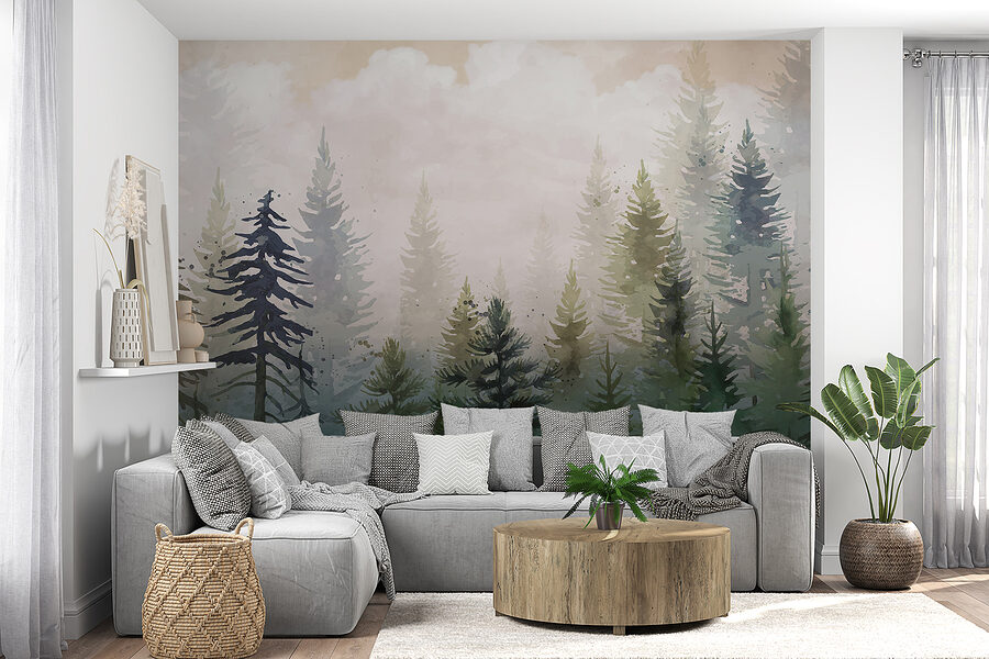 Pittura di alberi nella nebbia