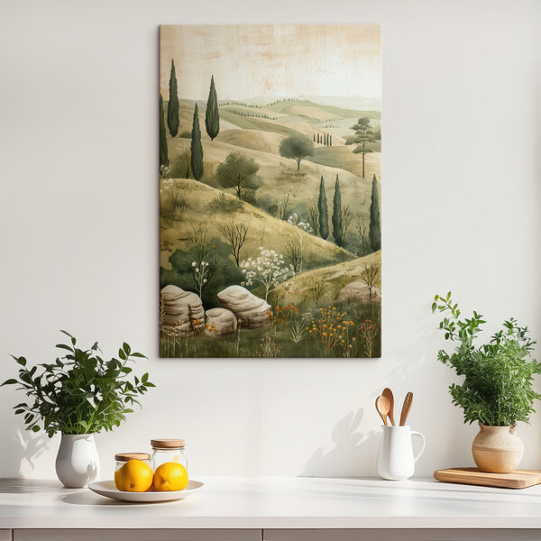 Painting of a landscape with trees and hills