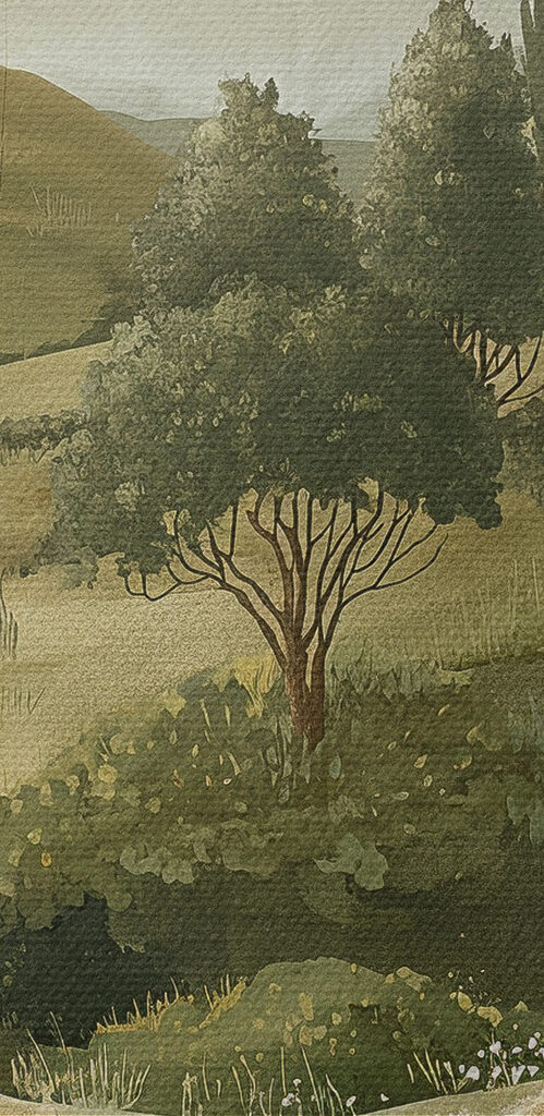 Painting of a landscape with trees and hills Painting of a landscape with trees and hills