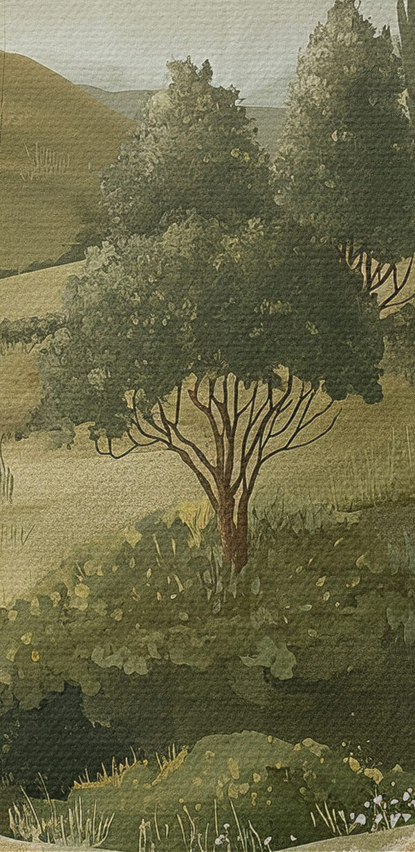Painting of a landscape with trees and hills Painting of a landscape with trees and hills