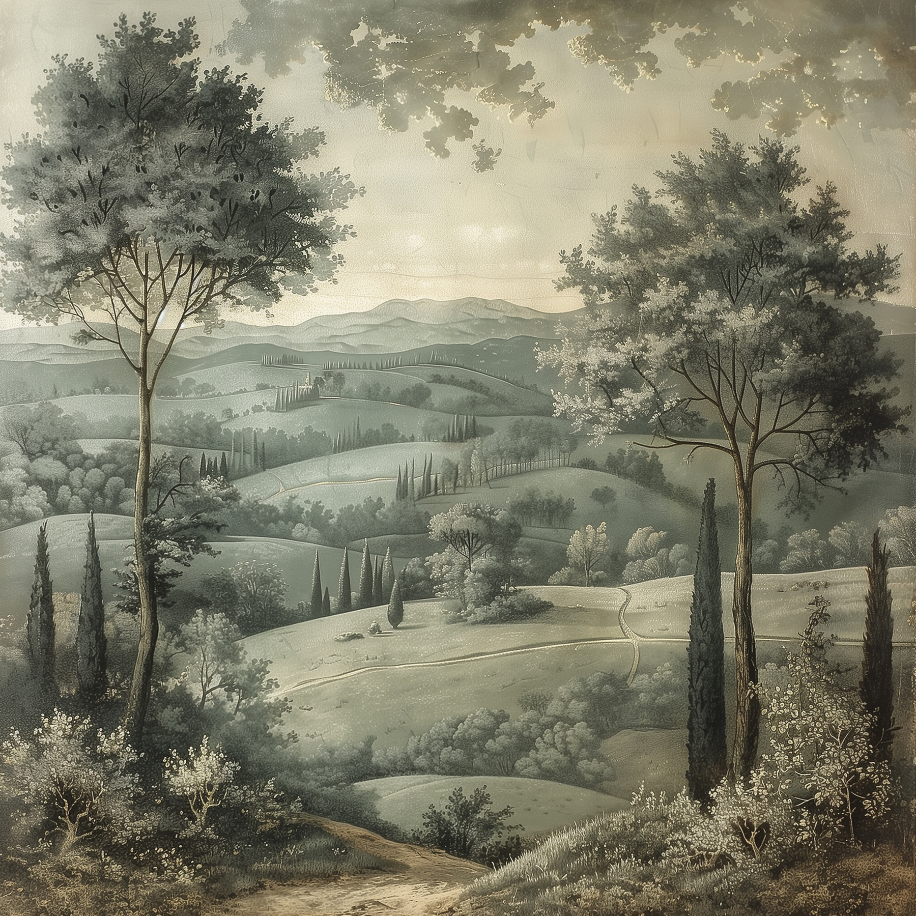 Landscape with trees and hills