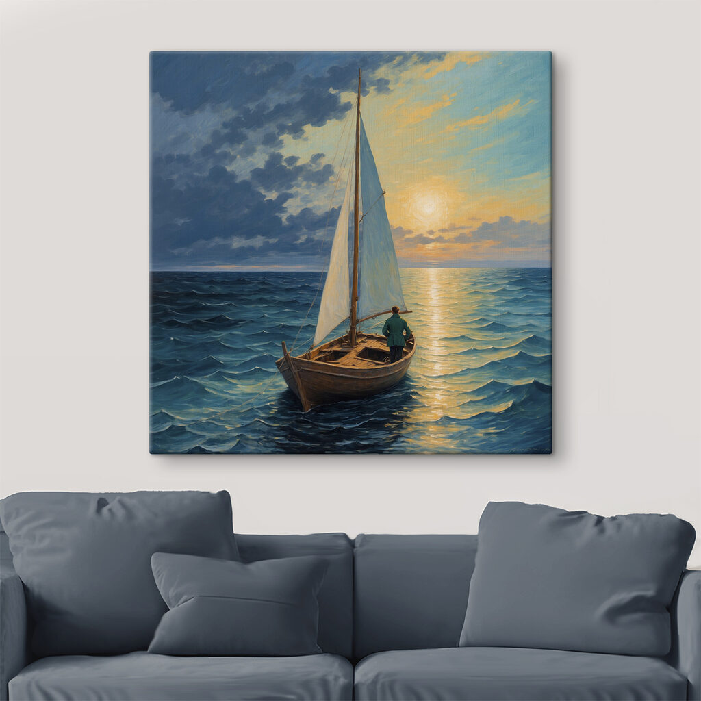 Painting of a man in a boat in the ocean