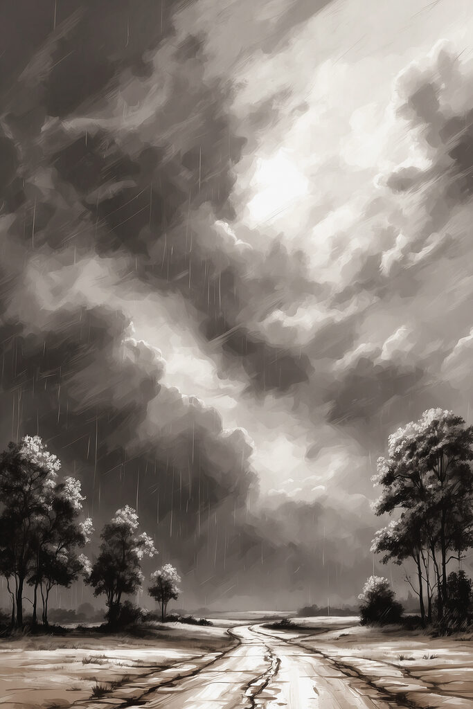 Black and white image of trees and rain Black and white image of trees and rain