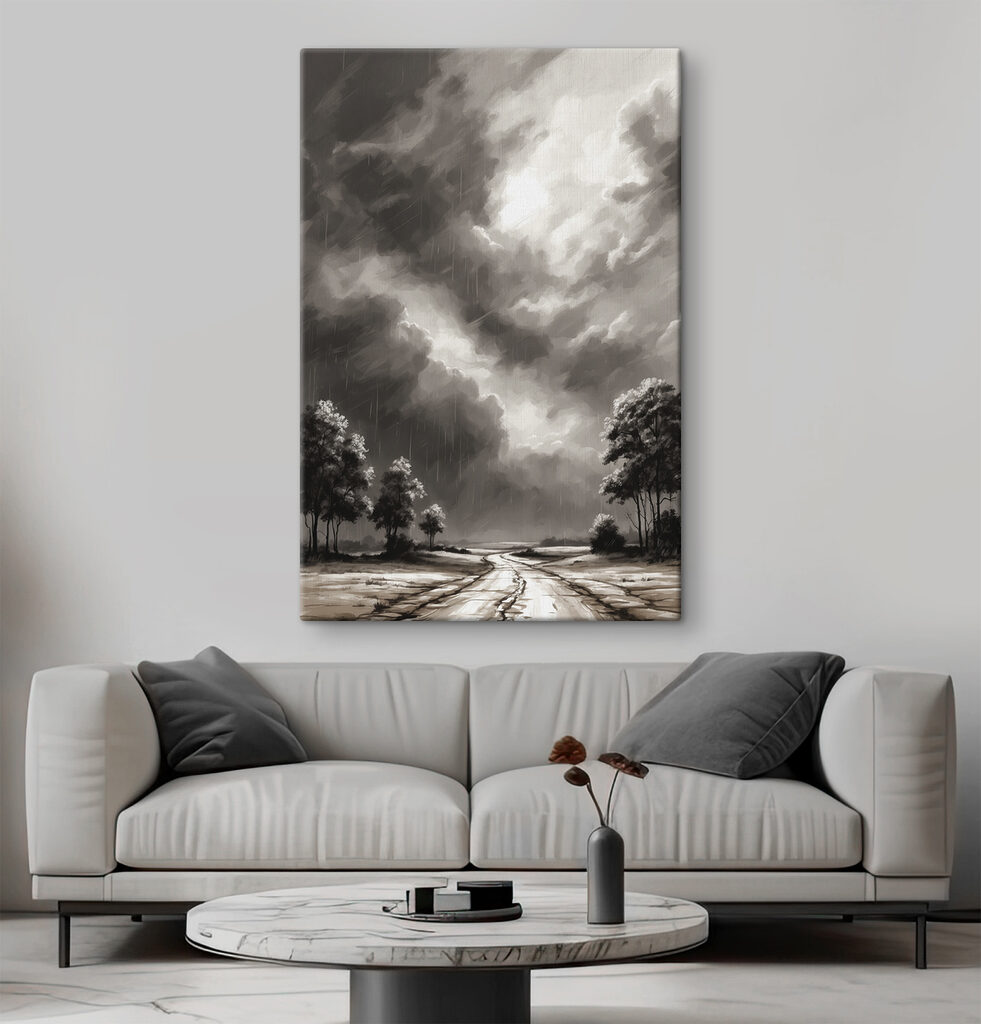 Black and white image of trees and rain Black and white image of trees and rain