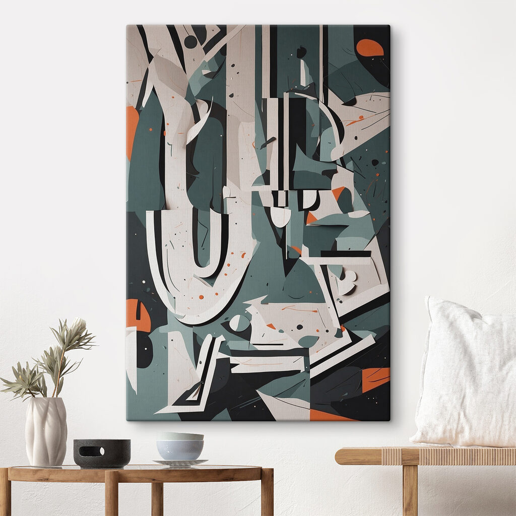 Colorful art piece with white and orange shapes Colorful art piece with white and orange shapes
