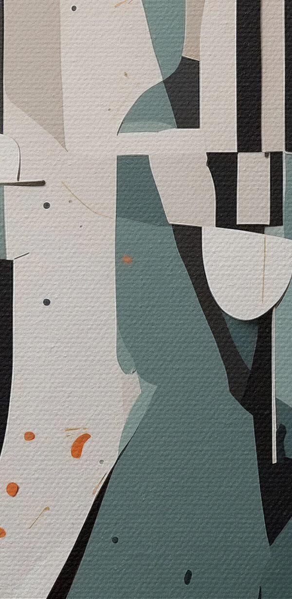 Colorful art piece with white and orange shapes Colorful art piece with white and orange shapes