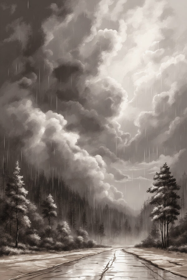 Black and white image of a forest and clouds Black and white image of a forest and clouds