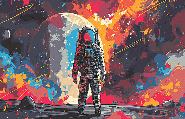 Astronauta nello spazio con alle spalle un grande spazio rosso e arancione Astronauta nello spazio con alle spalle un grande spazio rosso e arancione