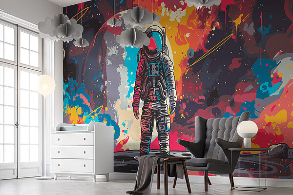 Astronauta nello spazio con alle spalle un grande spazio rosso e arancione Astronauta nello spazio con alle spalle un grande spazio rosso e arancione