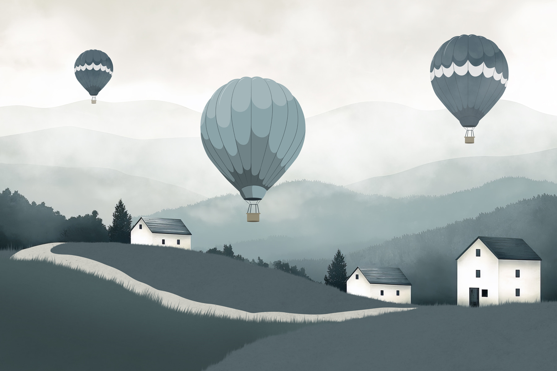 Group of hot air balloons flying over a village