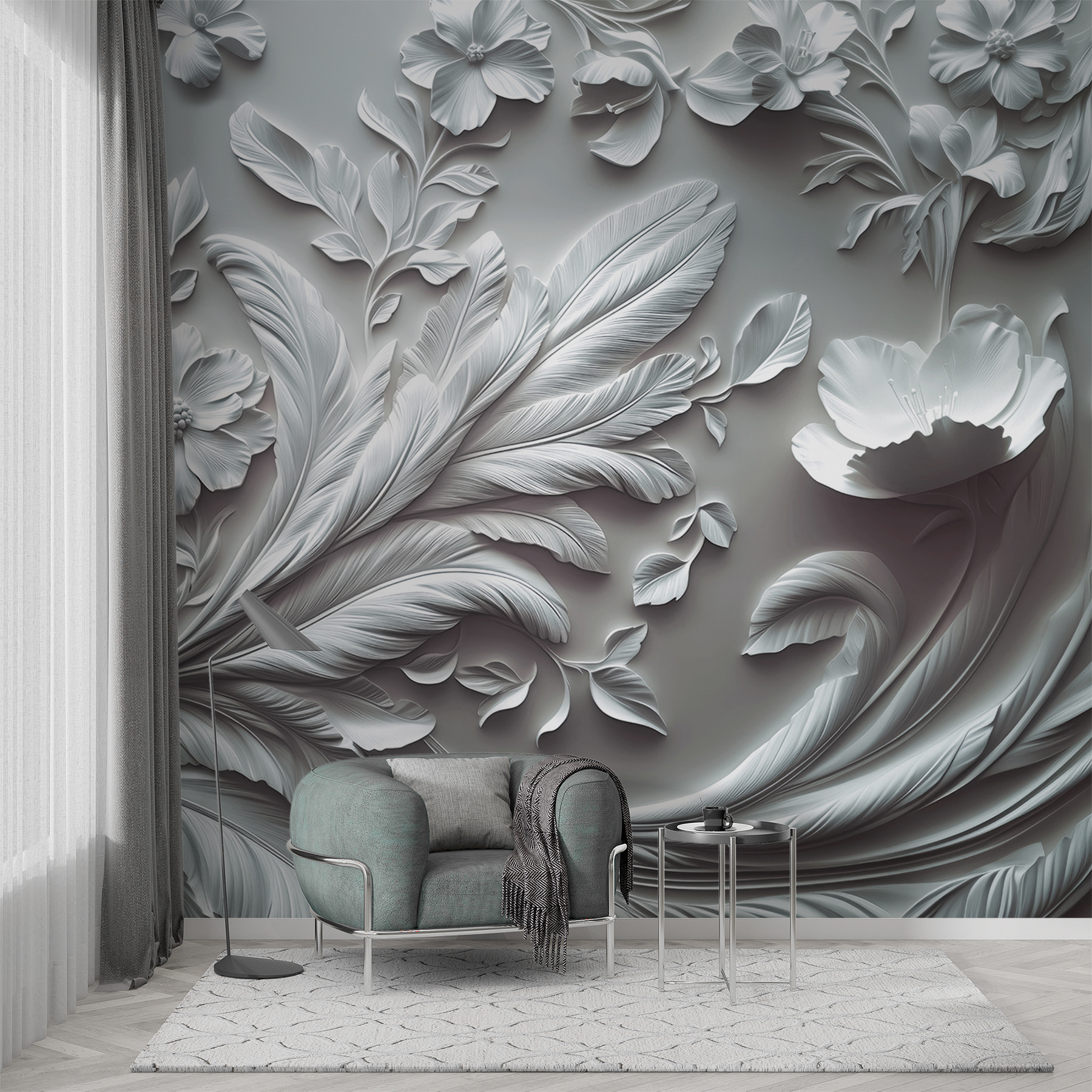 White wall with flowers and leaves White wall with flowers and leaves