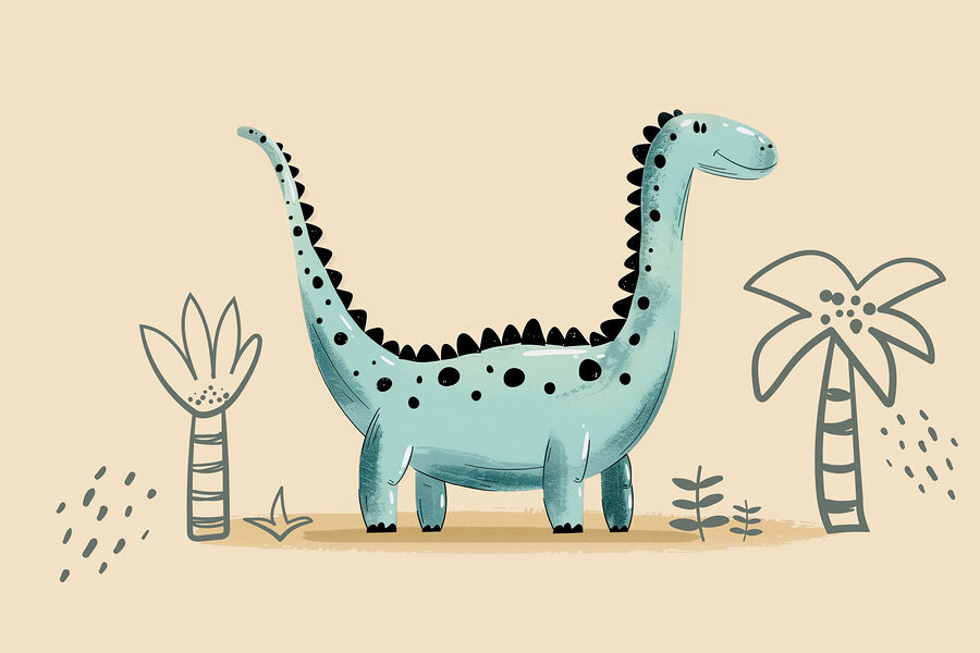 Dinosauro a fumetti con piante e foglie