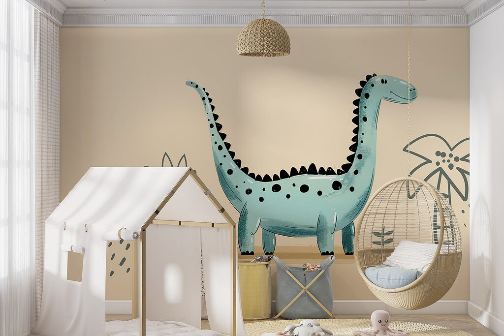 Cartoon dinosaur with plants and leaves