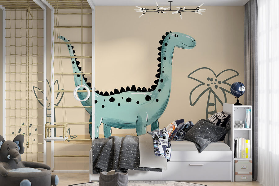 Dinosauro a fumetti con piante e foglie