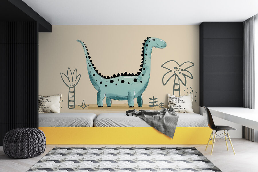 Dinosauro a fumetti con piante e foglie