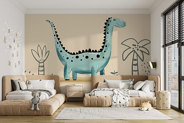 Dinosauro a fumetti con piante e foglie Dinosauro a fumetti con piante e foglie