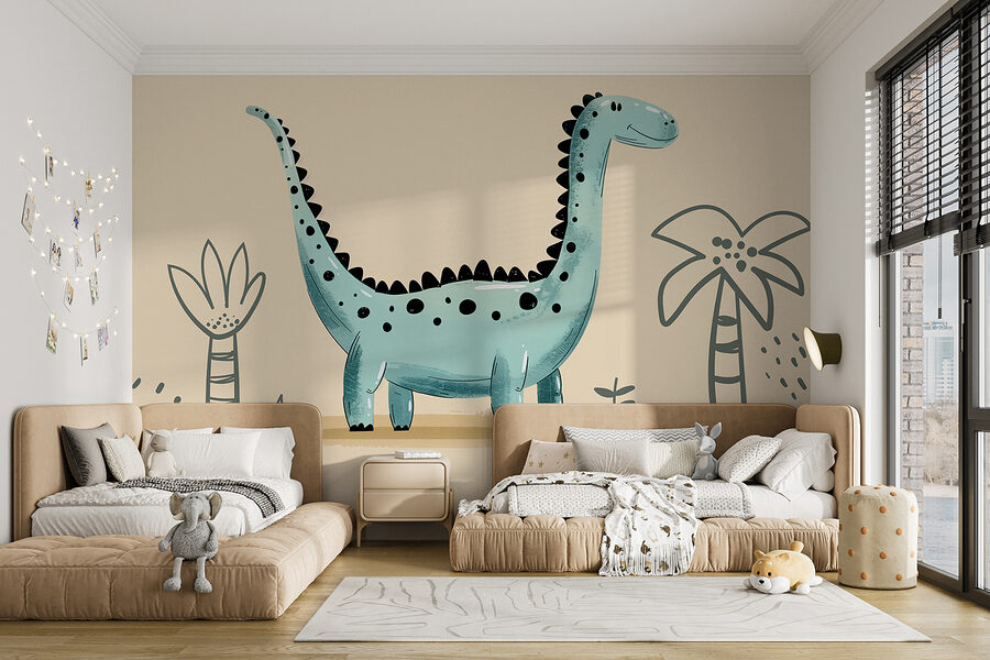Dinosauro a fumetti con piante e foglie