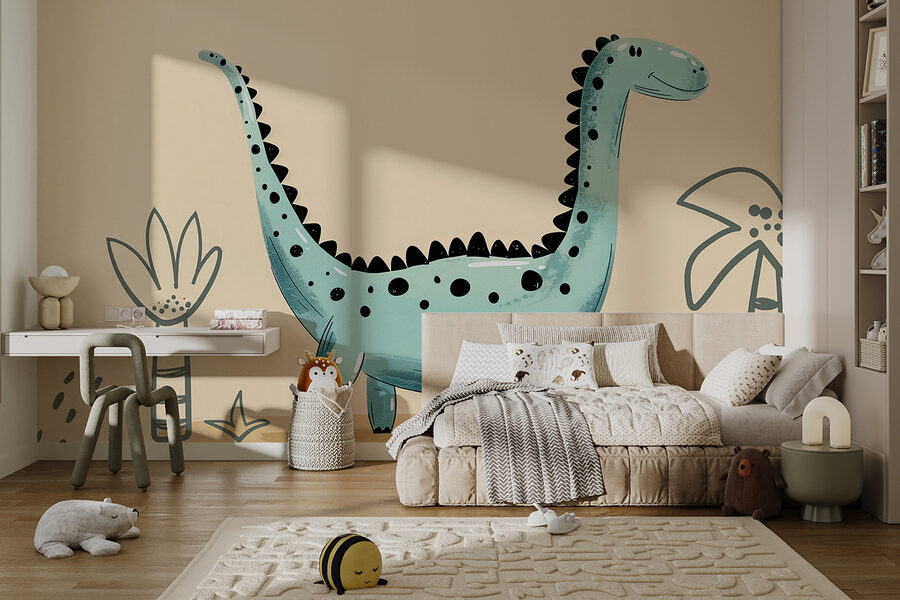 Dinosauro a fumetti con piante e foglie