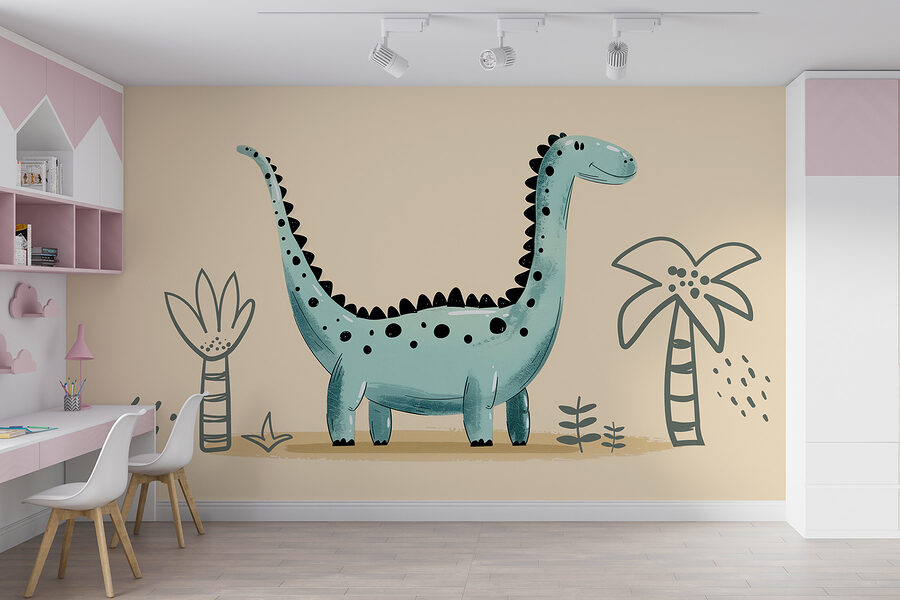 Dinosauro a fumetti con piante e foglie