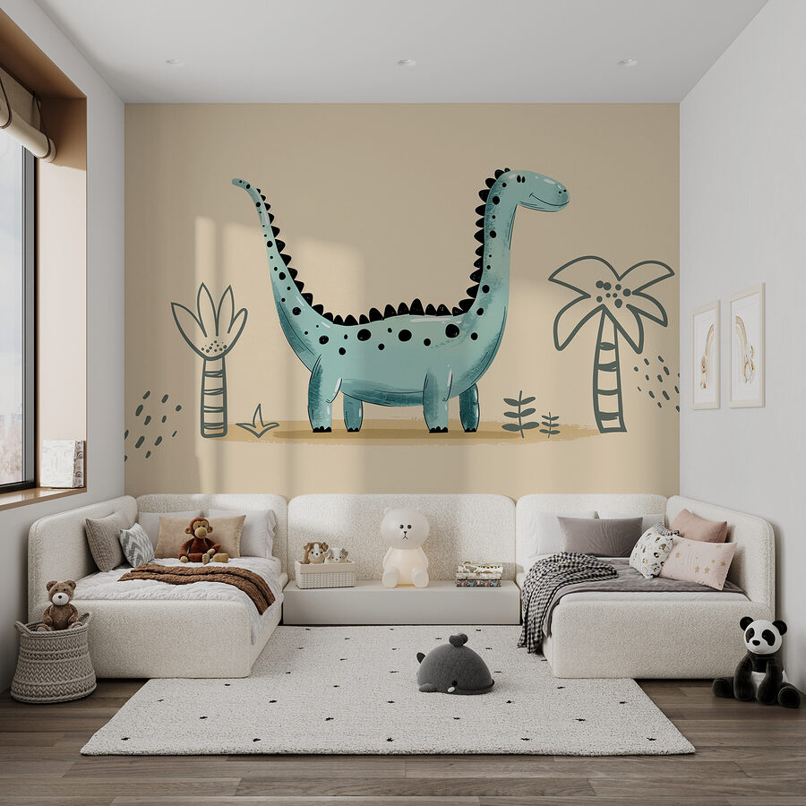 Dinosauro a fumetti con piante e foglie