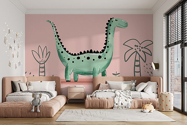 Cartoon dinosaur with plants and leaves