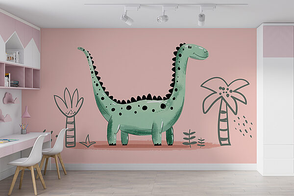 Cartoon dinosaur with plants and leaves