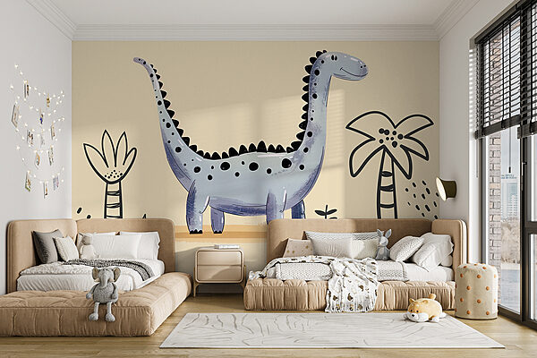 Cartoon dinosaur with plants and flowers