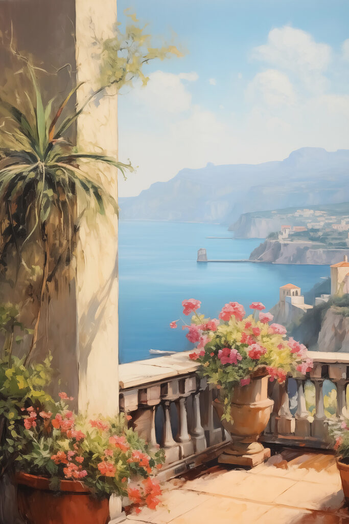 Painting of a balcony overlooking a body of water Painting of a balcony overlooking a body of water