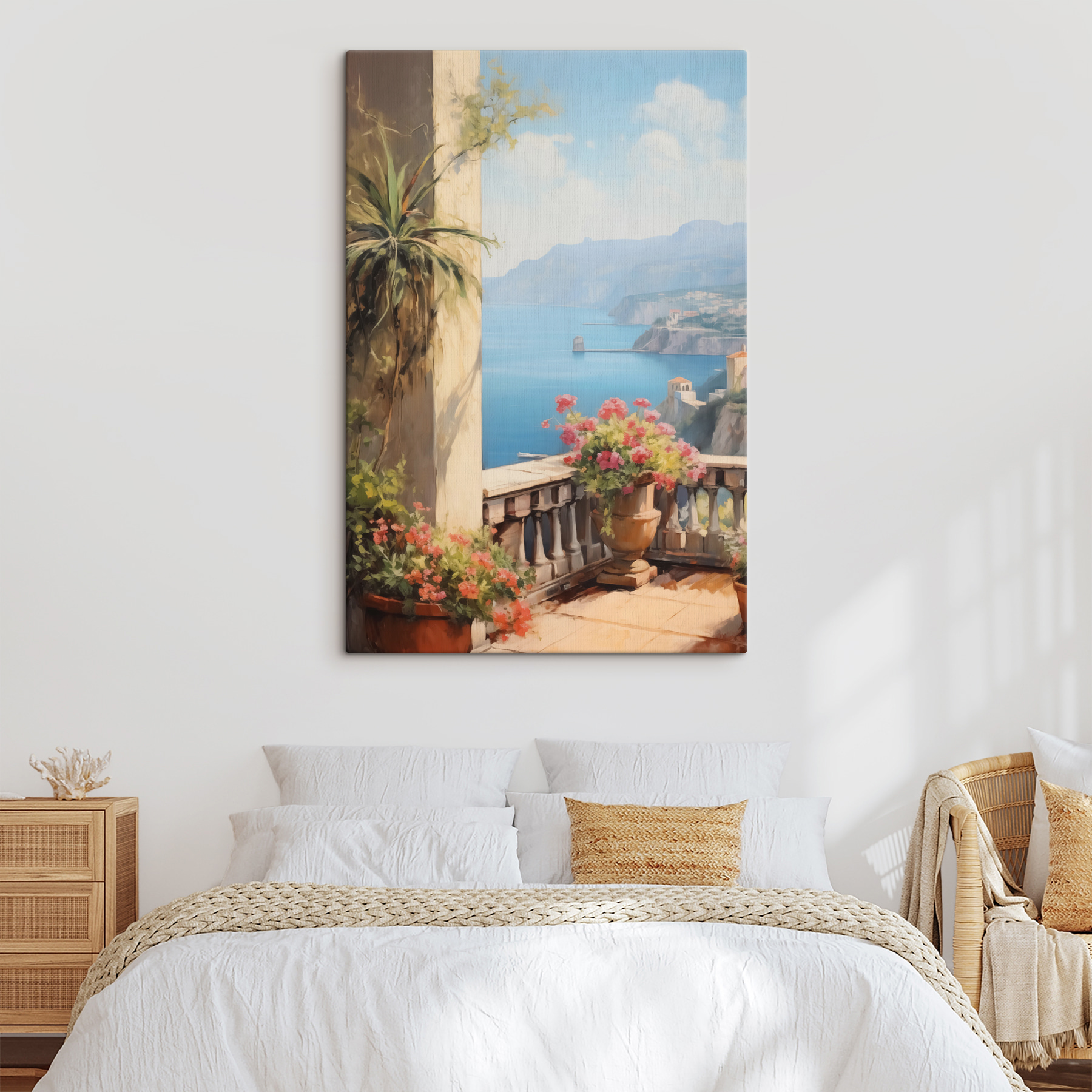 Painting of a balcony overlooking a body of water Painting of a balcony overlooking a body of water