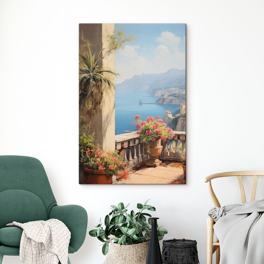 Painting of a balcony overlooking a body of water Painting of a balcony overlooking a body of water