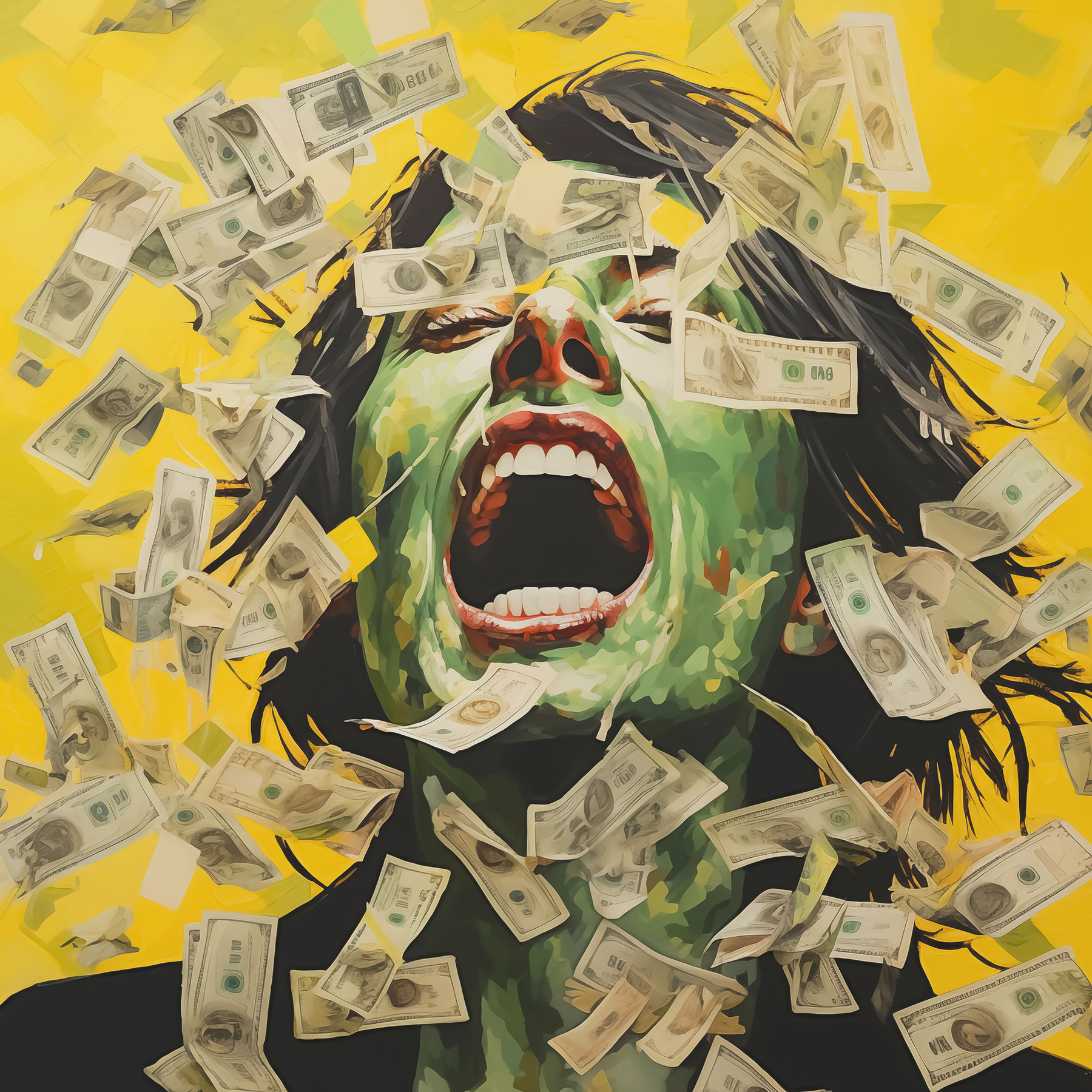 Woman with green face and money falling from her face