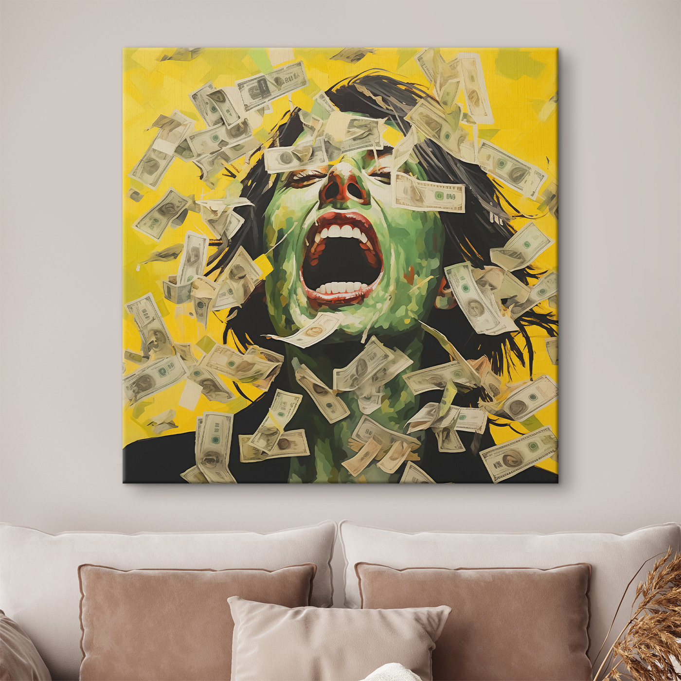 Woman with green face and money falling from her face