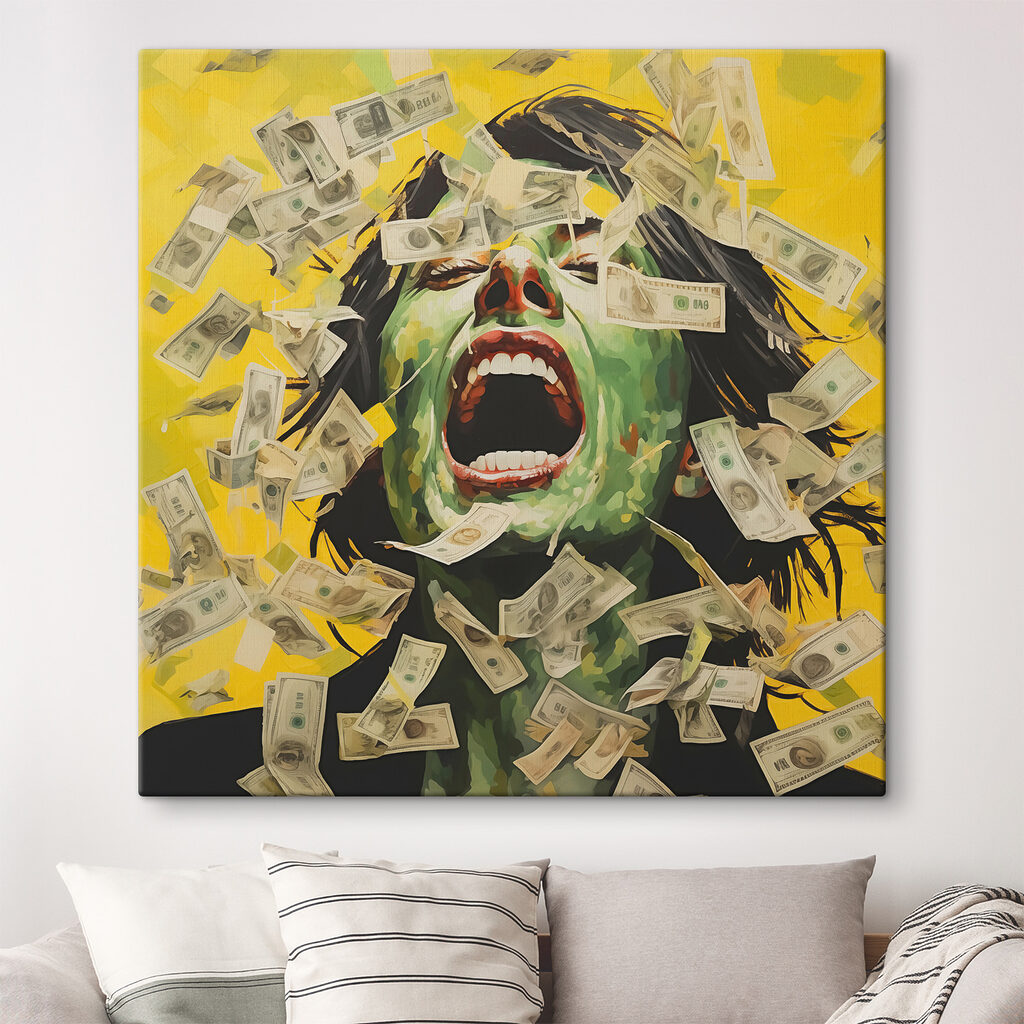 Woman with green face and money falling from her face