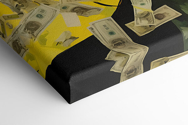 Woman with green face and money falling from her face