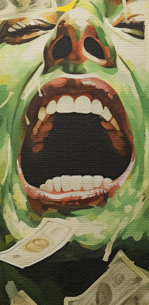 Woman with green face and money falling from her face