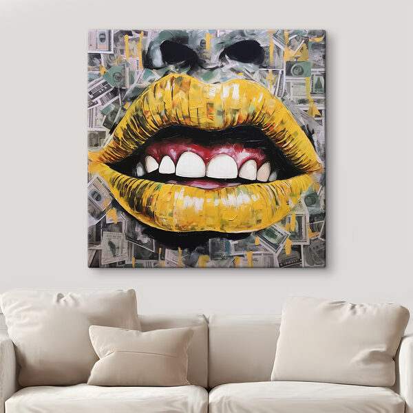 Painting of a mouth and mouth with money Painting of a mouth and mouth with money