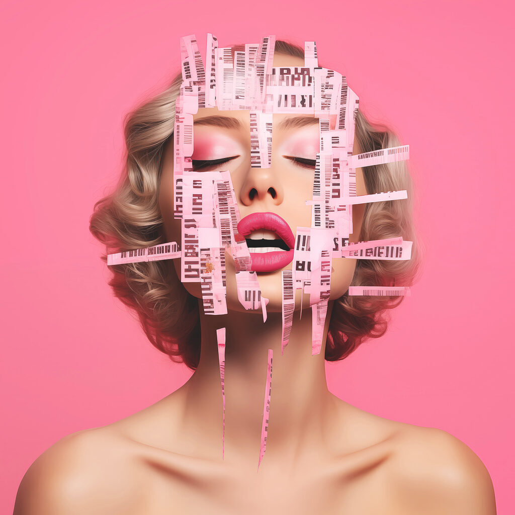 Woman with pink paper strips over her face