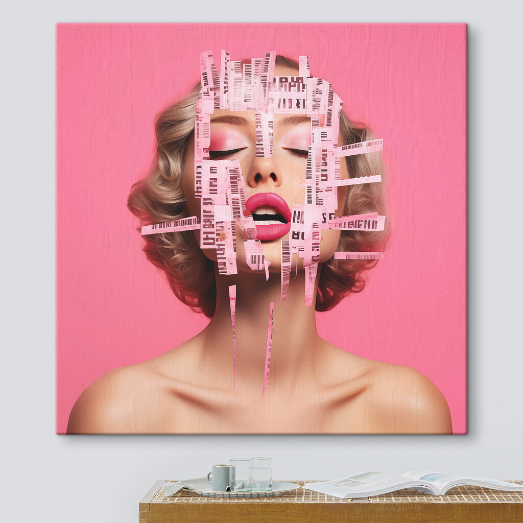 Woman with pink paper strips over her face