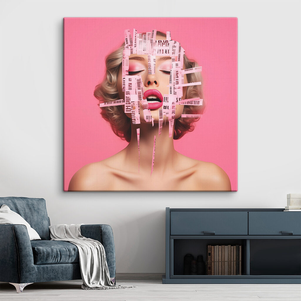 Woman with pink paper strips over her face