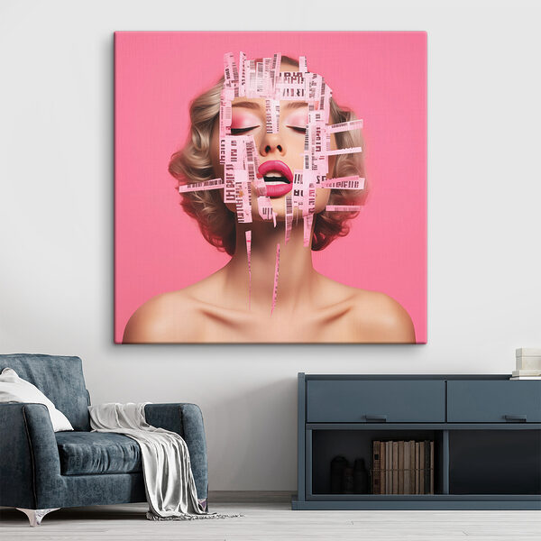 Woman with pink paper strips over her face