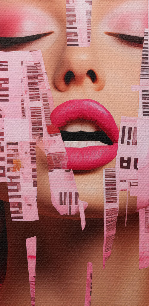 Woman with pink paper strips over her face